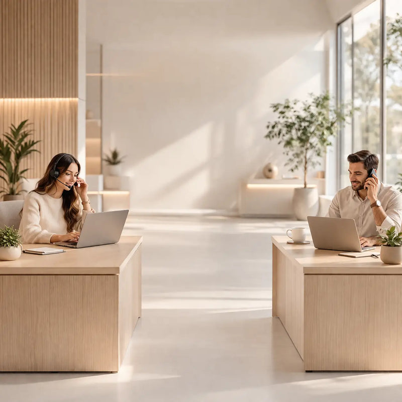Équipe du service client Cocoon Night disponible par téléphone et ordinateur dans un bureau moderne et lumineux.