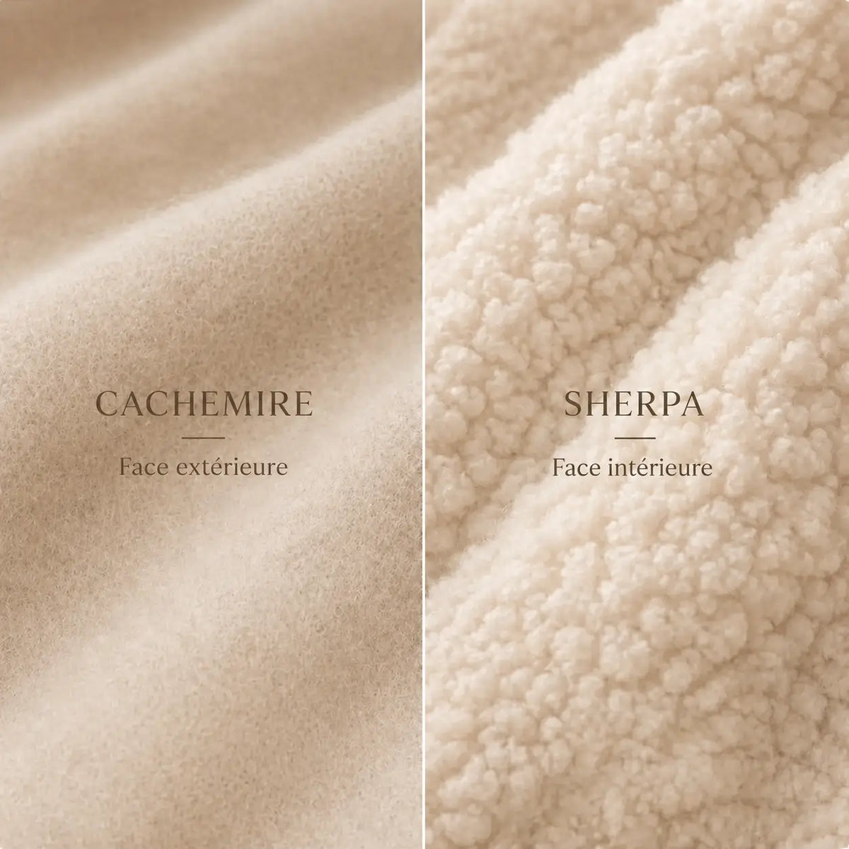 Comparaison des textures cachemire extérieure et sherpa intérieure d’une couverture lestée cocooning.